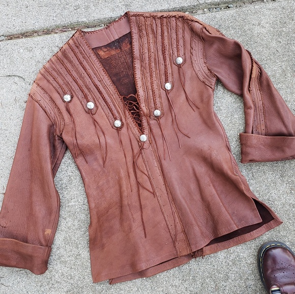 Leather Vintage Fringe Native Tunic Jacket Shirt - Picture 2 of 8